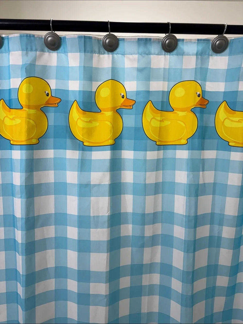Bright Yellow Rubber Duck Shower Curtain on Blue Gingham